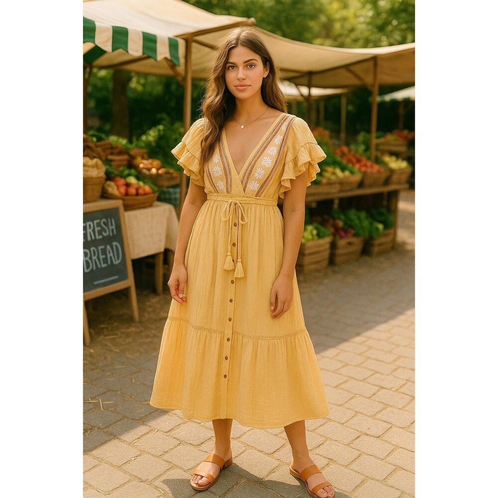 Free People Women's Floral‎ Embroidered Tassel V-Neck Midi Dress Yellow Size XS